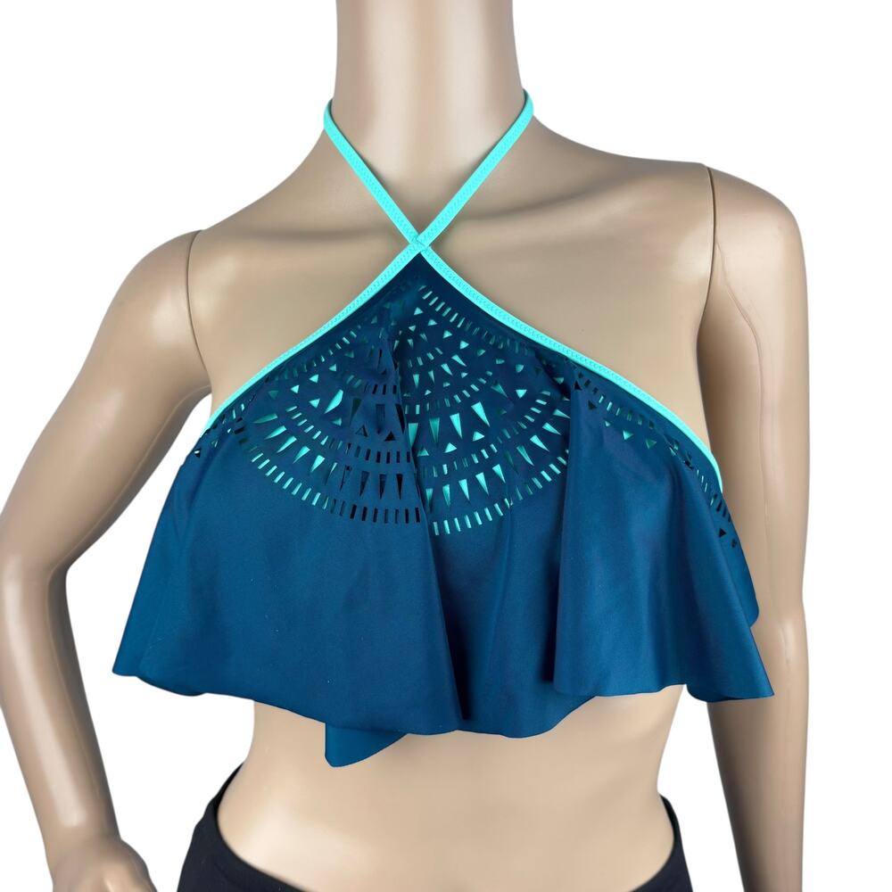 New Pink by Victoria's Secret Teal Blue Laser Cut Ruffle Halter Swim Top S